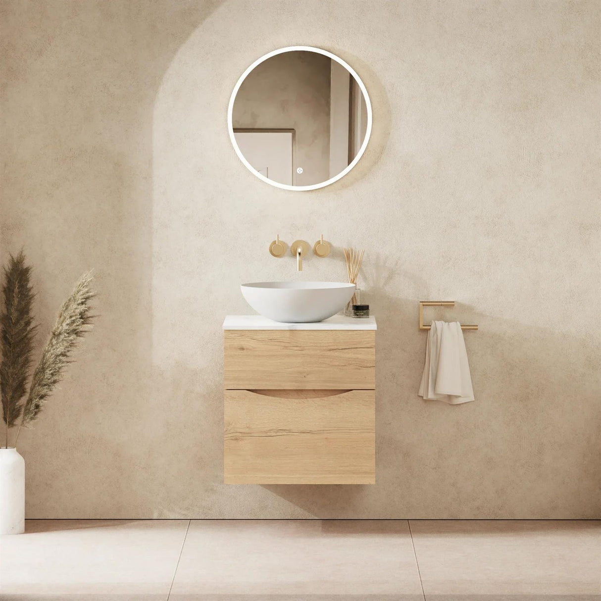 Crosswater Wall Mounted Vanity Unit 500mm / Windsor Oak / Carrara Marble Effect Crosswater Glide II Wall Mounted Two Drawer Vanity Unit with Worktop