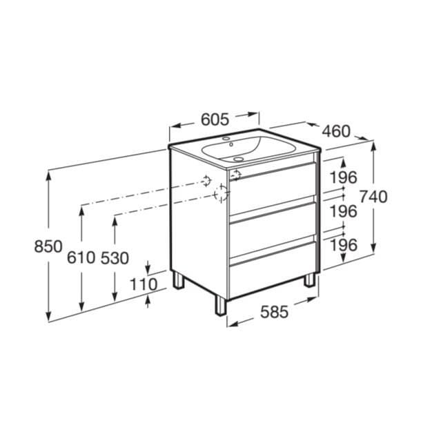 Roca Floor Standing Vanity Unit Roca Tenet 600mm Floor Standing Three Drawer Vanity Unit with Basin