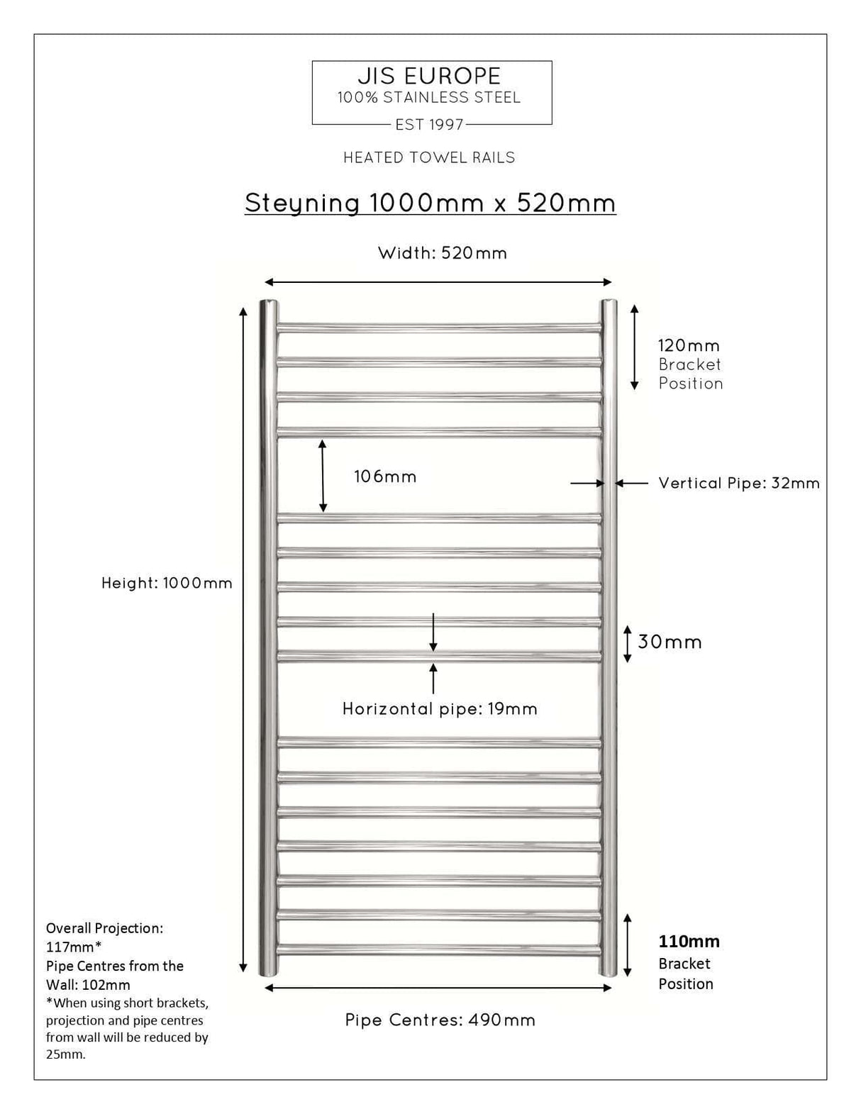 JIS Ladder Rail JIS Sussex Steyning Vertical Stainless Steel Heated Towel Rail
