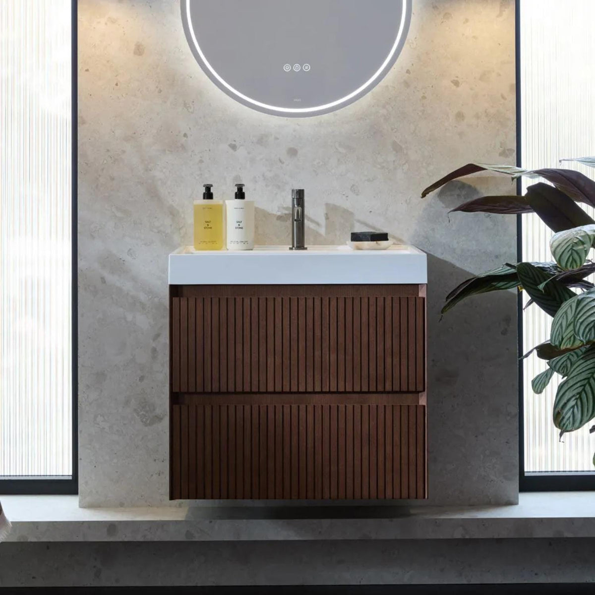 Vado Wall Mounted Vanity Unit Vado Groove Fluted Wall Mounted Two Drawer Vanity Unit with Basin