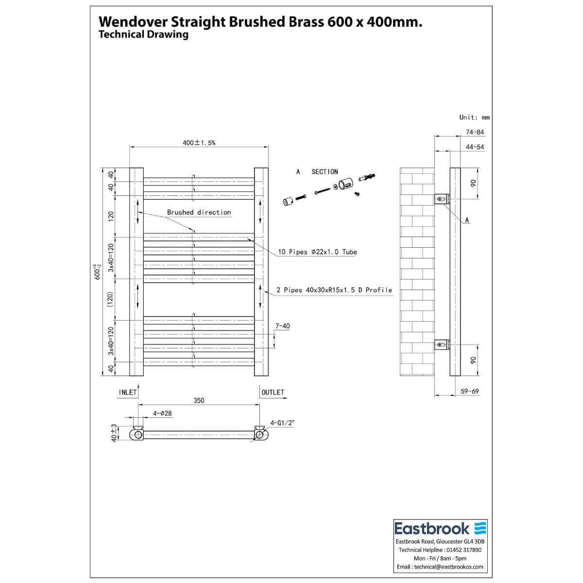 Eastbrook Ladder Rails Eastbrook Wendover Straight Vertical Heated Towel Rail - 600 x 400mm in Brushed Brass