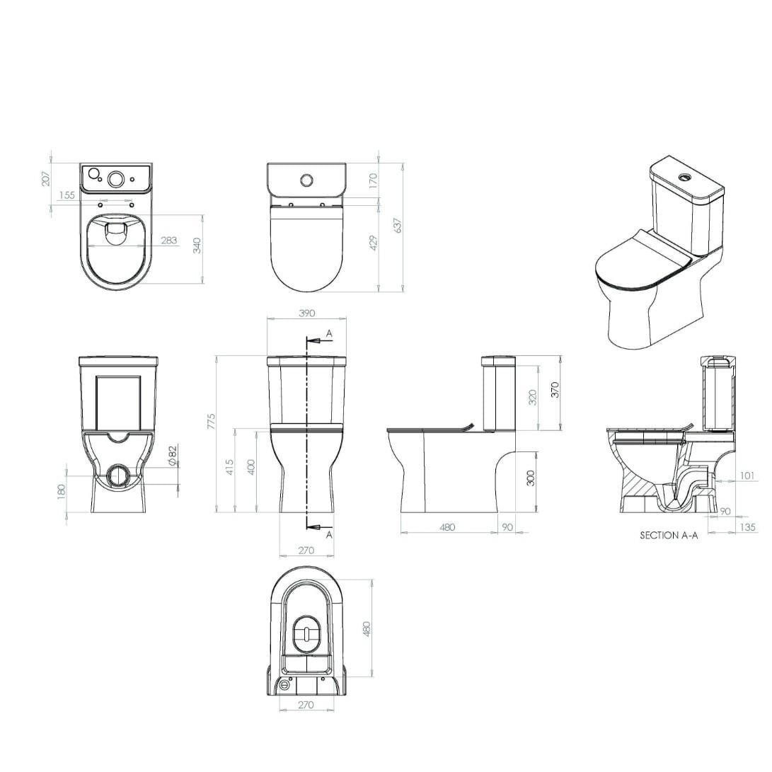 Saneux Close Coupled Toilet Saneux Air Open Back Close Coupled Rimless Toilet with Soft Close Seat