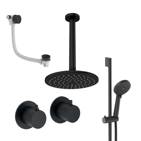 UK Bathroom Store Concealed Shower Set Matt Black / Ceiling Arm / 200mm Crosswater Module Shower Set 7 - 3 Outlet with Riser Rail Kit, Overhead Shower and Overflow Bath Filler