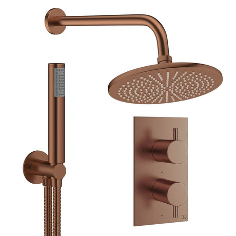 Crosswater Concealed Shower Set Brushed Bronze / Wall Arm / 300mm Crosswater Design 2 Handle 2 Outlet Thermostatic Shower Set with Rainfall Head and Pencil Handset