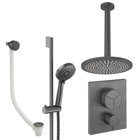 UK Bathroom Store Concealed Shower Set Slate / Ceiling Arm / 300mm Crosswater Crossbox Push Shower Set 8 - 3 Outlet with Fixed Overhead Shower, Slide Rail Kit and Overflow Bath Filler Waste