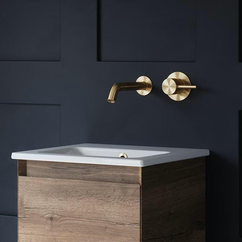 Saneux Wall Mounted Basin Tap Saneux Cos Wall Mounted 2 Hole Basin Mixer Tap in Brushed Brass