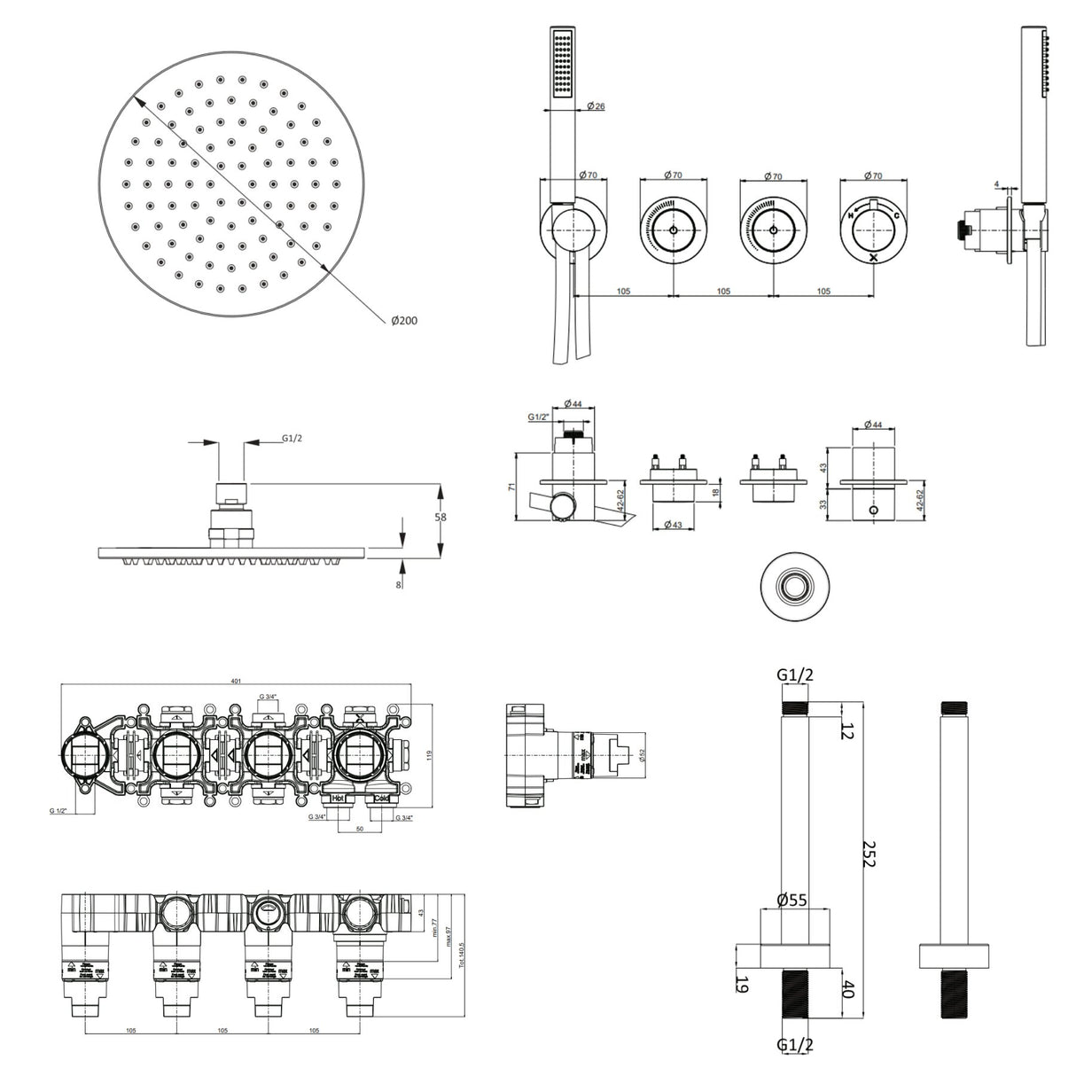 UK Bathroom Store Concealed Shower Set Crosswater Module Shower Set 8 - 2 Outlet with Pencil Handset and Overhead Shower