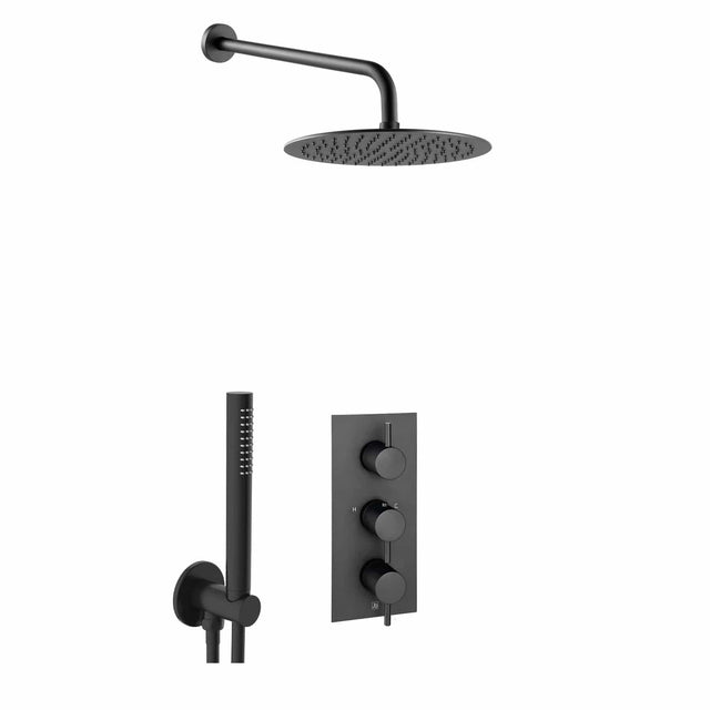 JTP Concealed Shower Set Matt Black - with 200mm Shower Head JTP VOS Thermostatic Concealed Dual Outlet, 3 Handle Shower Kit with Showerhead and Headset