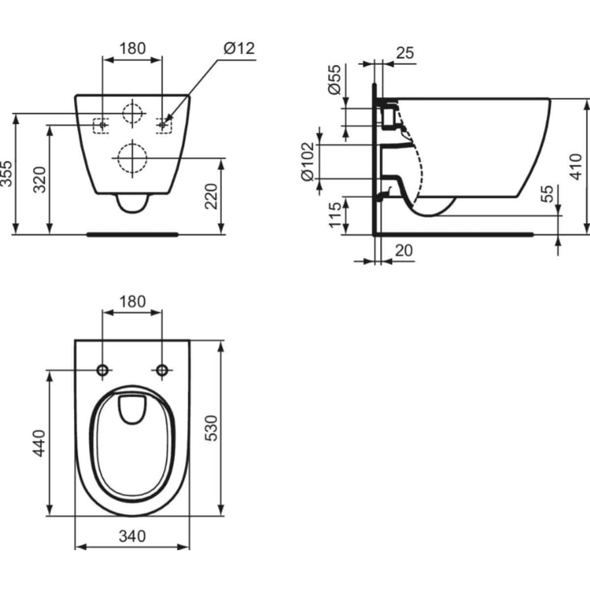 Ideal Standard Wall Hung Toilet Ideal Standard i.life O Wall Hung Rimless Toilet with HydroTwist Flush and Soft Close Seat