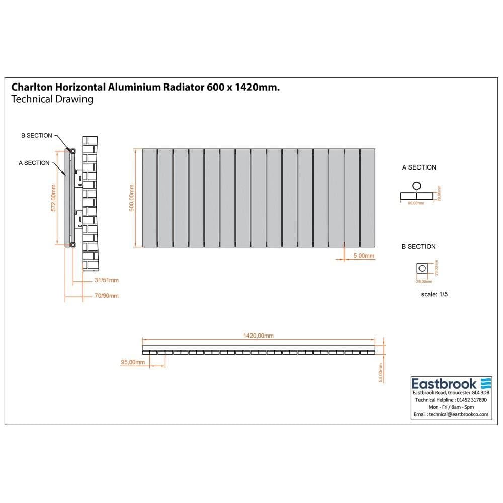 Eastbrook Panel Radiator Eastbrook Charlton Horizontal Aluminium Designer Radiator in Matt White