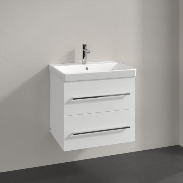 Villeroy & Boch Wall Mounted Vanity Unit Brilliant White with Chrome Handles Villeroy & Boch Avento Wall Hung Vanity Unit 580mm Two Drawers with Basin