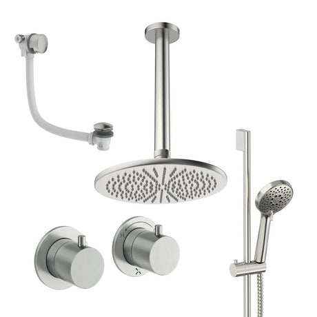 UK Bathroom Store Concealed Shower Set Brushed Nickel / Ceiling Arm / 300mm Crosswater Module Shower Set 7 - 3 Outlet with Riser Rail Kit, Overhead Shower and Overflow Bath Filler