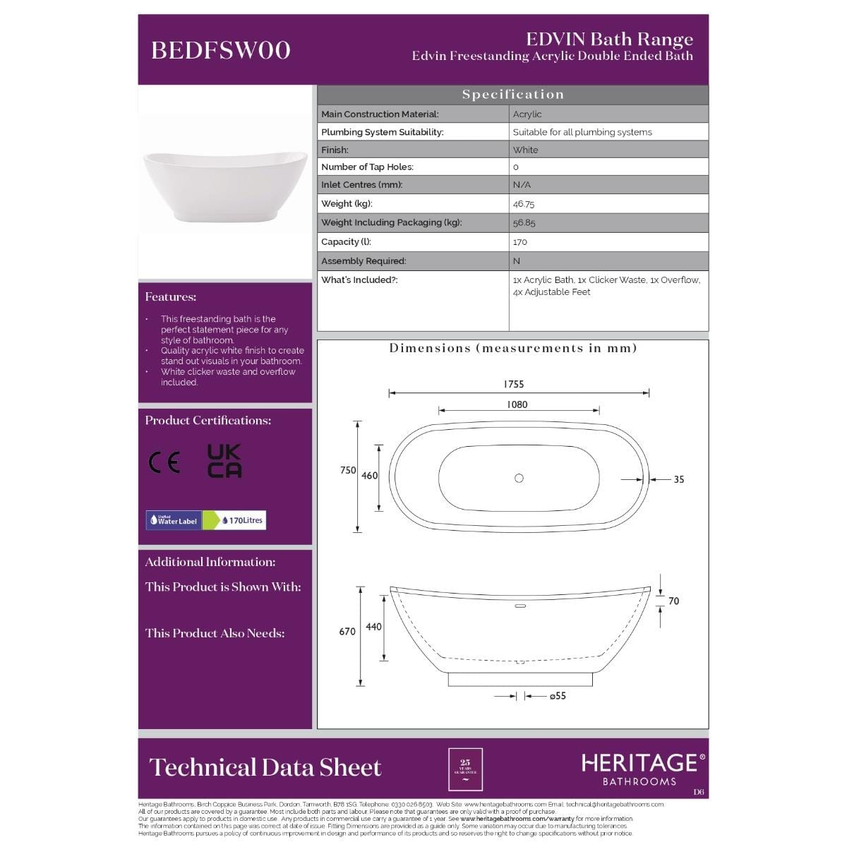 Heritage Modern Freestanding Bath Heritage Edvin Double Ended Acrylic Freestanding Bath - 1750mm x 745mm in White