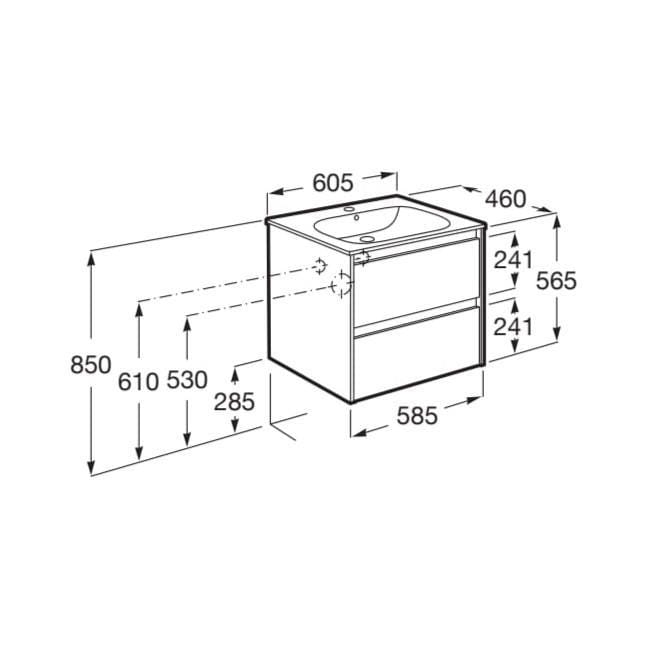 Roca Wall Mounted Vanity Unit Roca Tenet 600mm Wall Mounted Two Drawer Vanity Unit with Basin