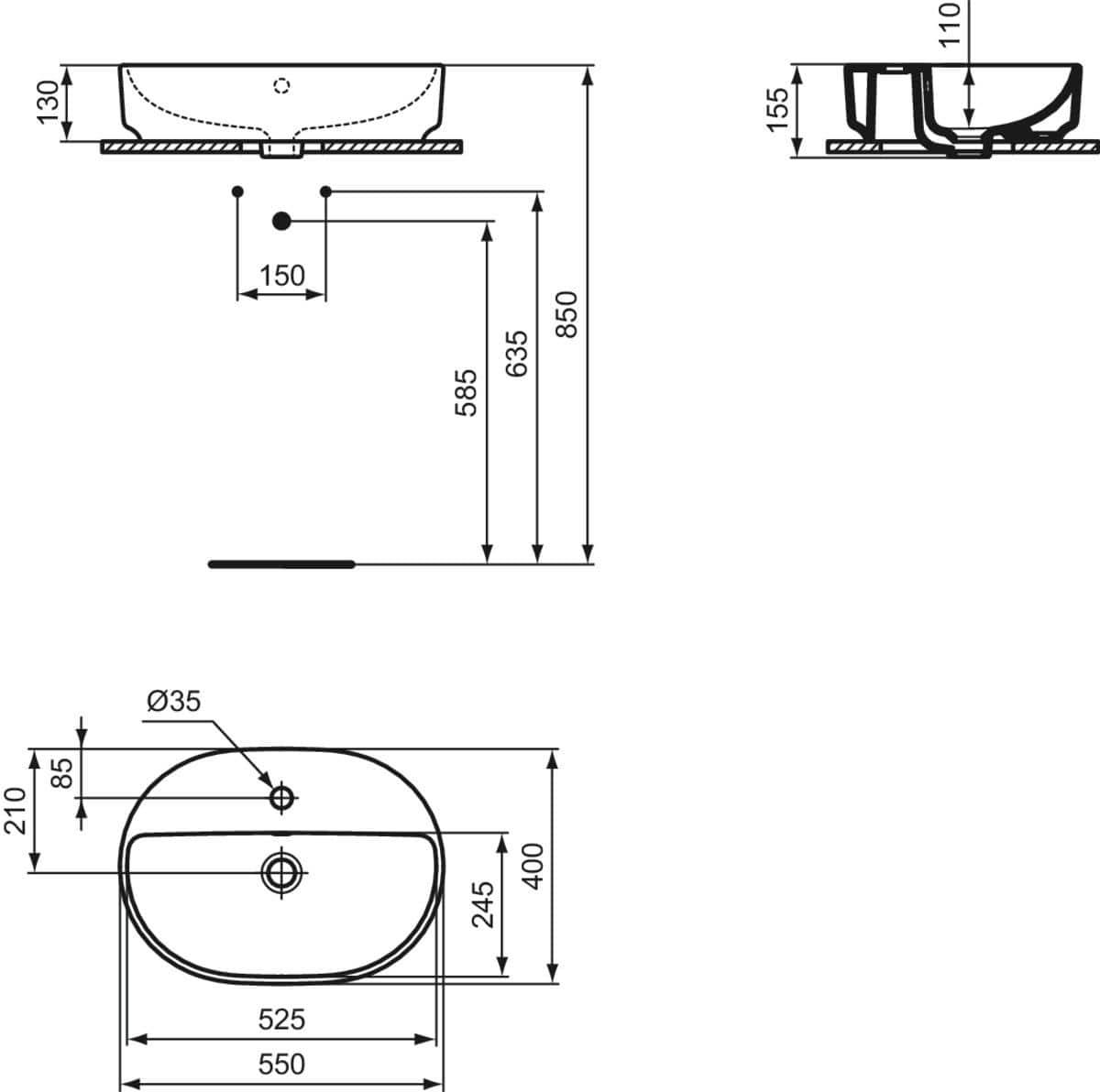 Ideal Standard Countertop Basin i.life O Oval 550mm 1 Tap Hole Countertop Basin in White Gloss