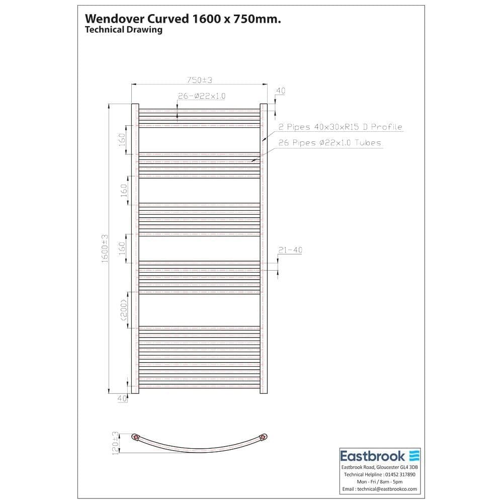 Eastbrook Ladder Rail Eastbrook Wendover Curved Vertical Heated Towel Rail in Chrome