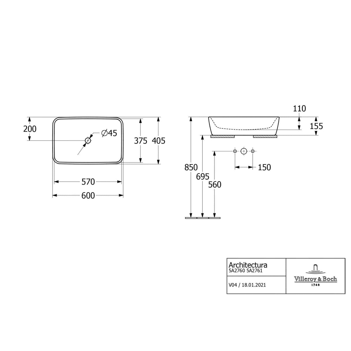 Villeroy & Boch Countertop Basin Villeroy & Boch Architectura Rectangular 600mm Countertop Basin (with Overflow) in Alpin White