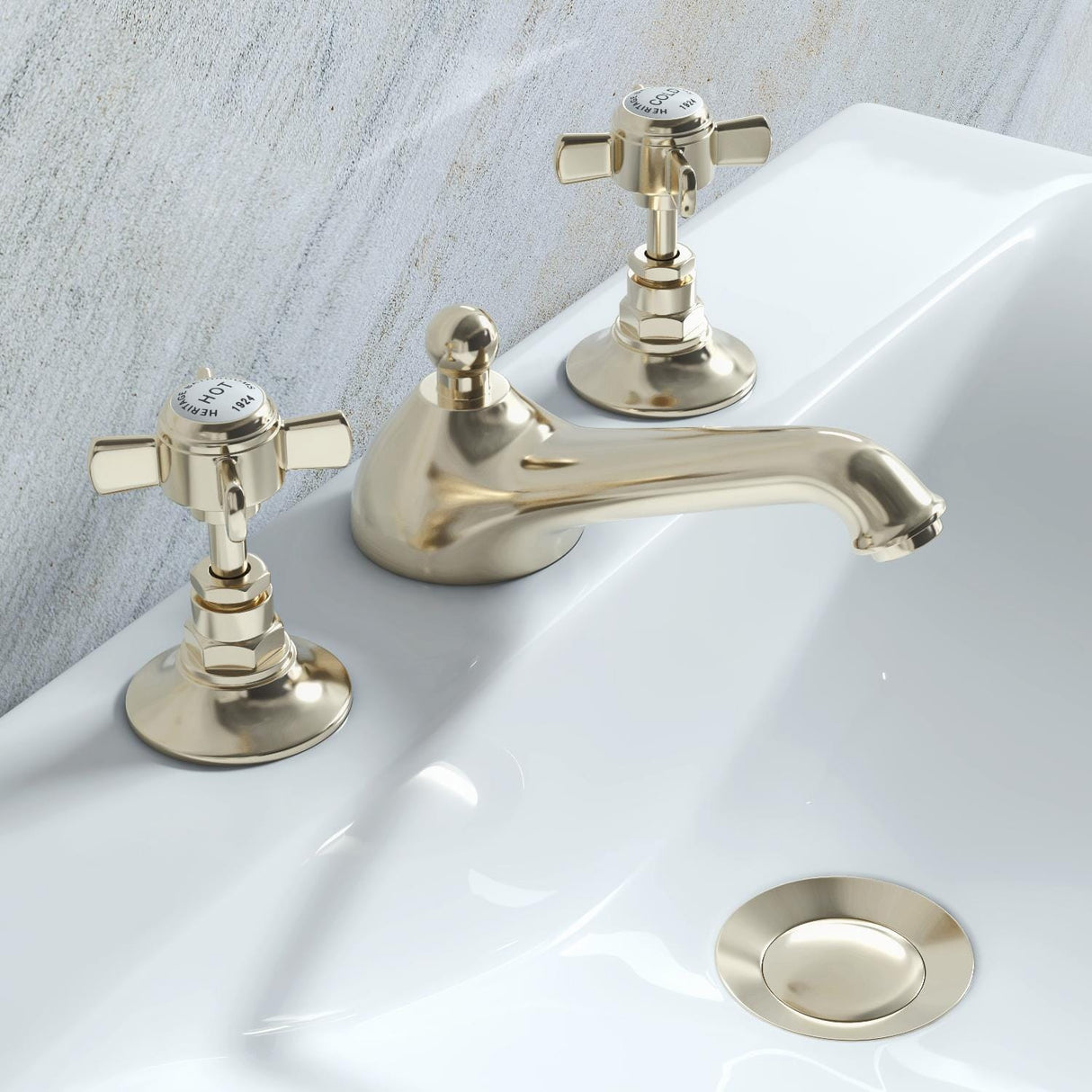 Heritage 3 Tap Hole Basin Set Vintage Gold Heritage Dawlish 3 Tap Hole Basin Mixer Tap with Pop-Up Waste