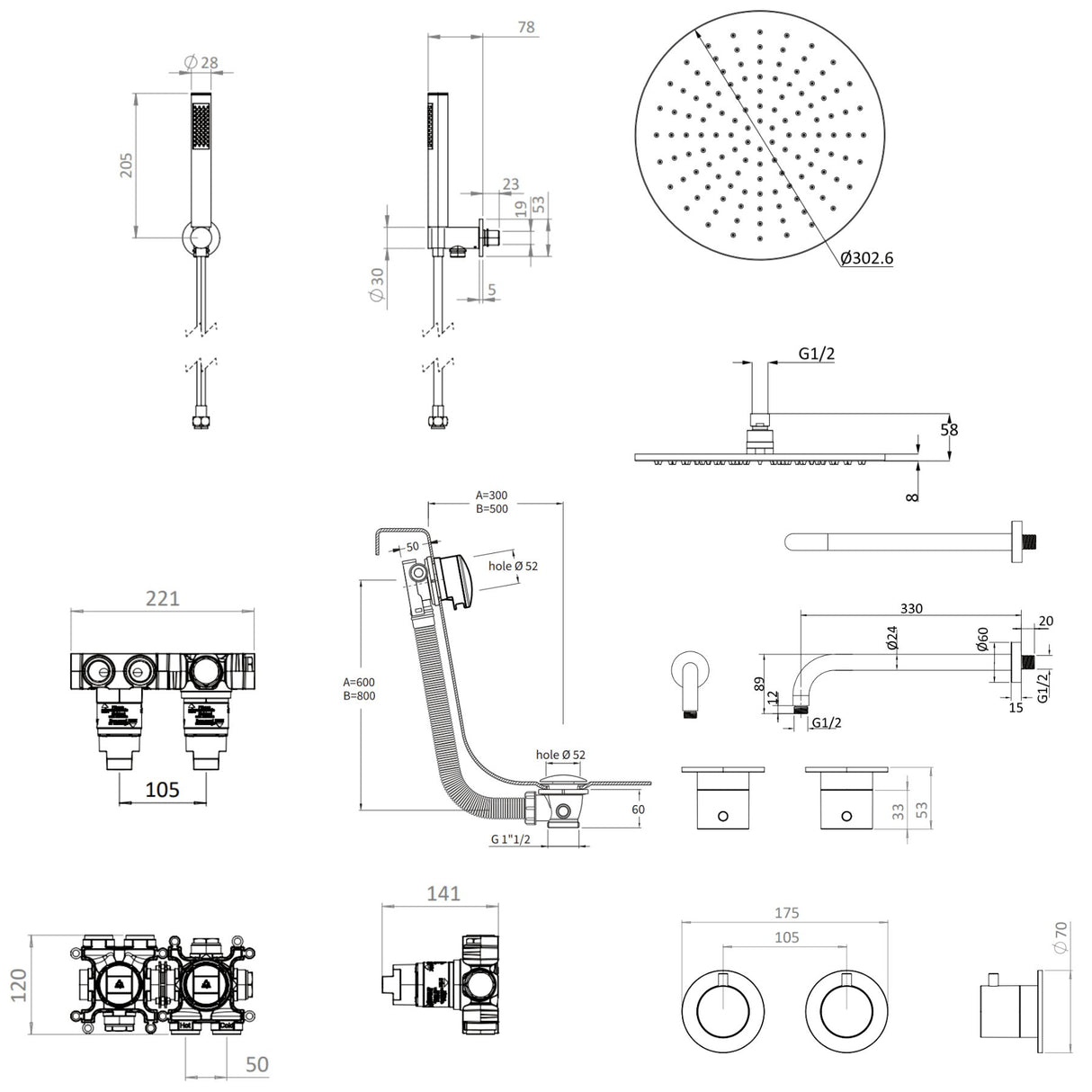 UK Bathroom Store Concealed Shower Set Crosswater Module Shower Set 6 - 3 Outlet with Overhead Shower, Handset and Overflow Bath Filler