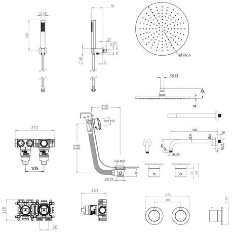 UK Bathroom Store Concealed Shower Set Crosswater Module Shower Set 6 - 3 Outlet with Overhead Shower, Handset and Overflow Bath Filler