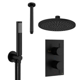 Crosswater Concealed Shower Set Matt Black / Ceiling Arm / 300mm Crosswater Design 2 Handle 2 Outlet Thermostatic Shower Set with Rainfall Head and Pencil Handset
