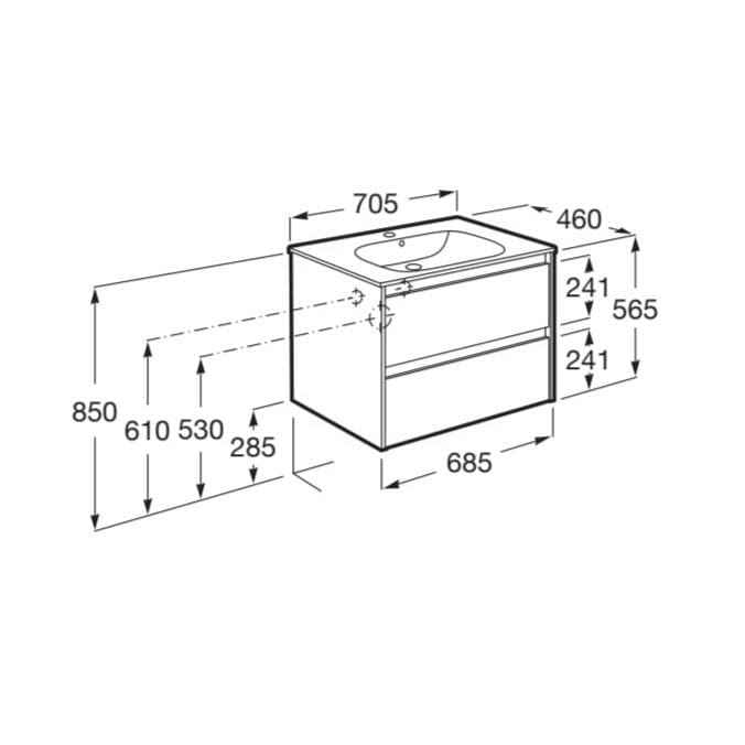 Roca Wall Mounted Vanity Unit Roca Aleyda 600mm Wall Mounted Two Drawer Vanity Unit with Basin