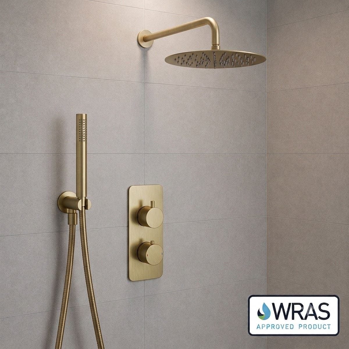 Aquarius Bathrooms Concealed Shower Set Brushed Brass Aquarius RainLux 2 Outlet Thermostatic Shower Set with Shower Head and Single Function Handset