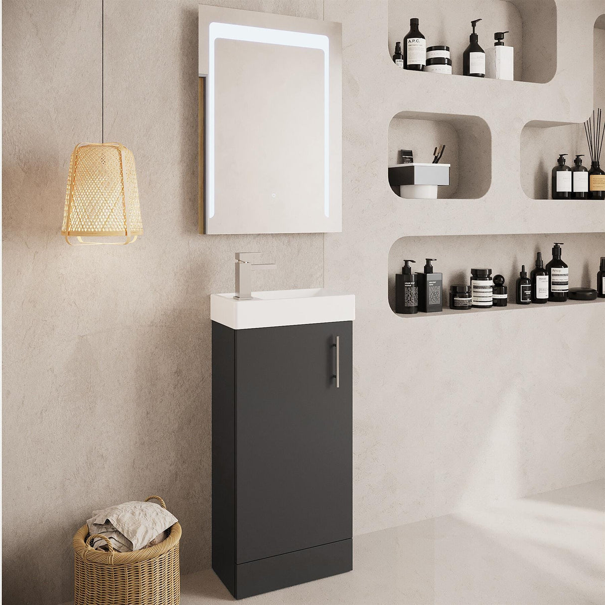 Aquarius Bathrooms Cloakroom Vanity Unit Gloss Grey Aquarius Byron 400mm Floor Standing 1 Door Cloakroom Vanity Unit with 1 Tap Hole Basin
