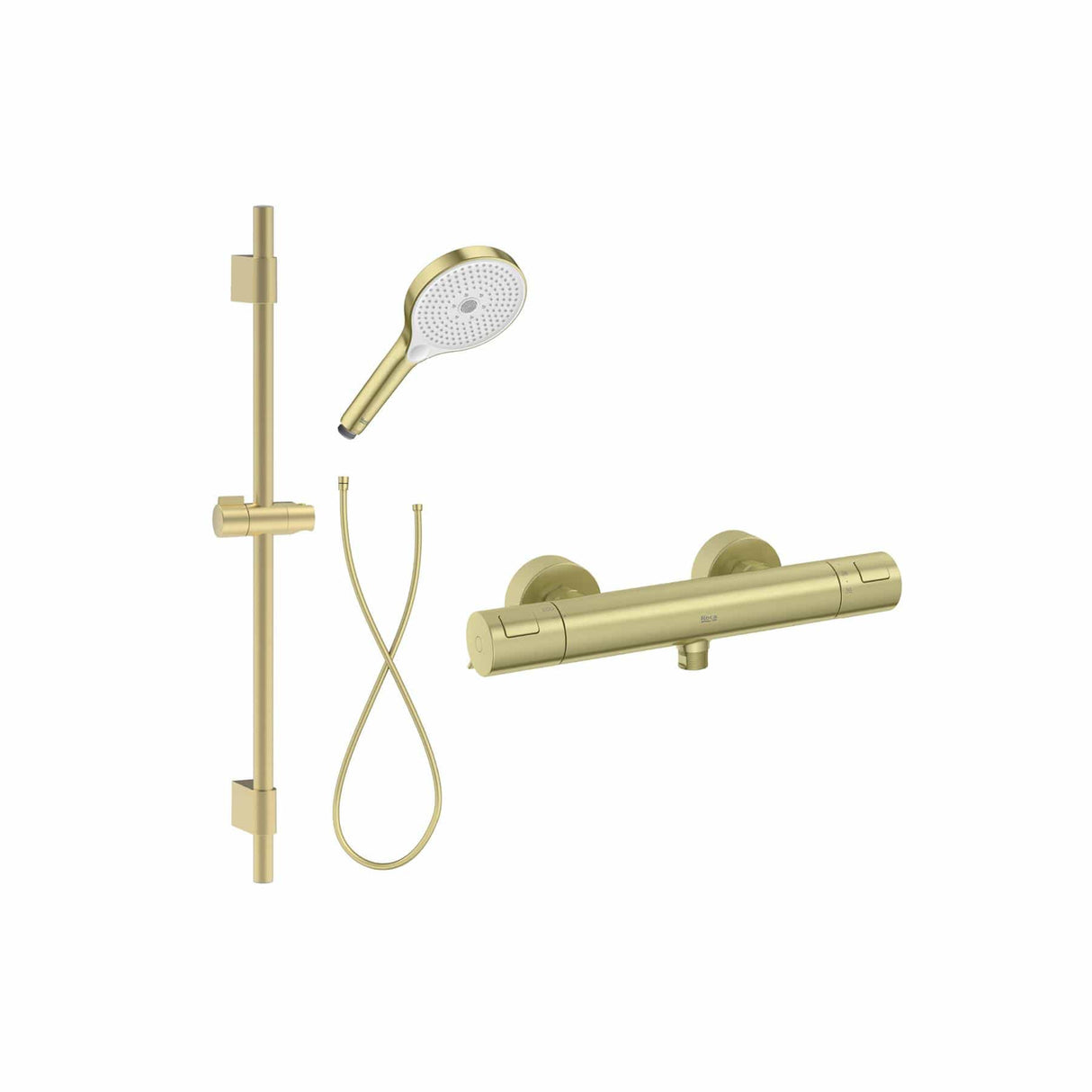 Roca Exposed Shower Set Brushed Brass Roca T-500 Thermostatic Bar Shower Valve with with Shower Handset and Slide Rail Set