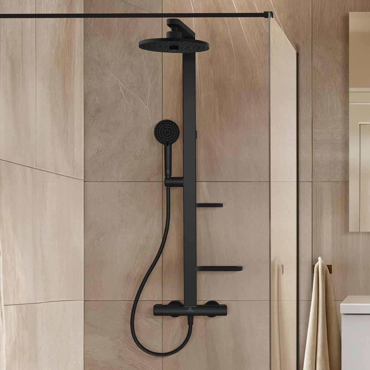 Ideal Standard Exposed Shower Set Silk Black Ideal Standard Ceratherm ALU+ Exposed Shower Valve Set with Fixed Riser, Showerhead, Handset and Shelves