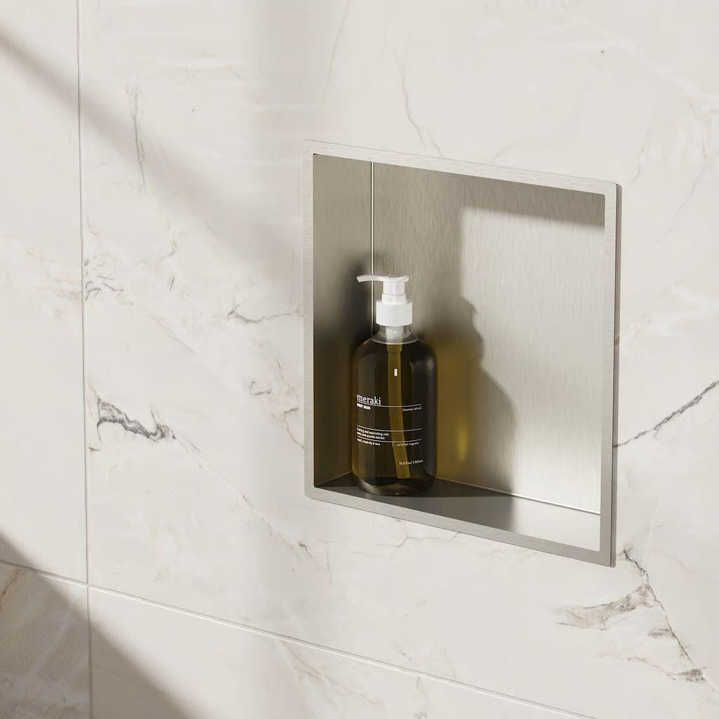 Crosswater Shower Niche Brushed Nickel Crosswater Square Shower Niche - 305 x 305 x 80mm for Stud Walls
