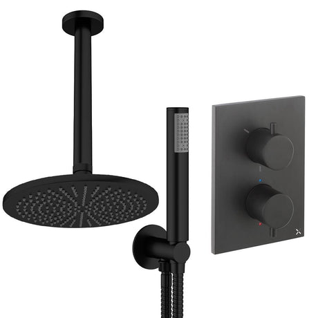 UK Bathroom Store Concealed Shower Set Matt Black / Ceiling Arm / 300mm Crosswater Crossbox Shower Set 3 - 2 Outlet with Pencil Handset and Fixed Overhead Shower