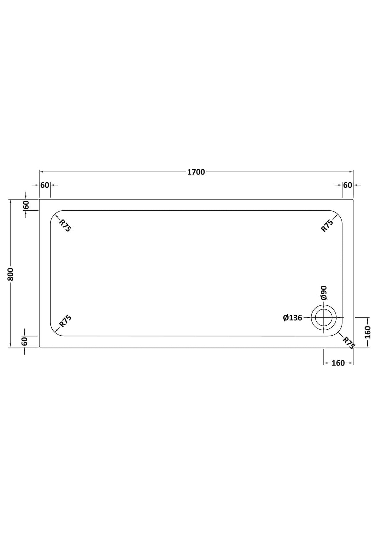 Aquarius Bathrooms Quadrant Shower Tray 1700x800mm Aquarius Urbano 45mm Rectangular Stone Resin Anti Slip Shower Tray