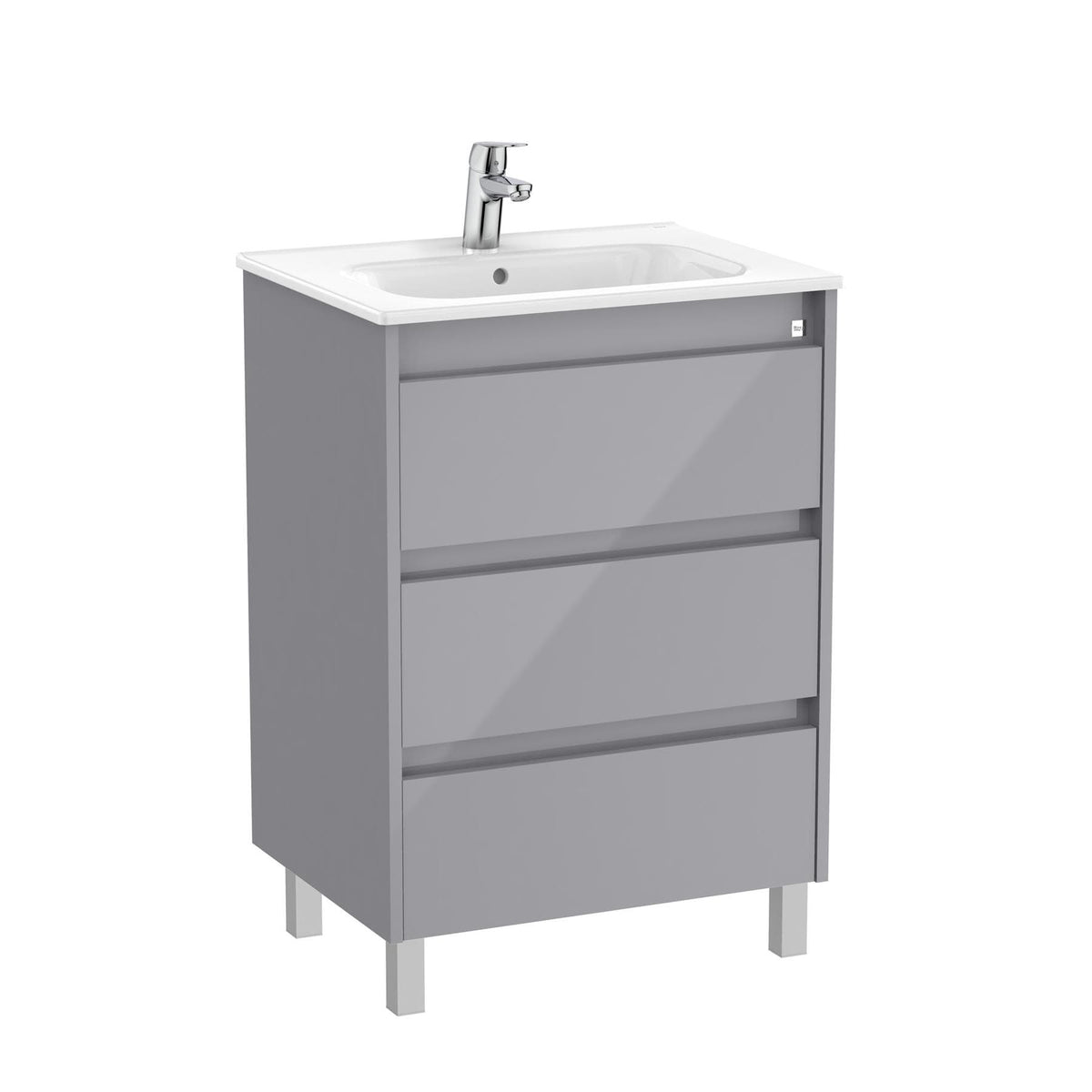 Roca Floor Standing Vanity Unit Gloss Grey Roca Tenet 600mm Floor Standing Three Drawer Vanity Unit with Basin