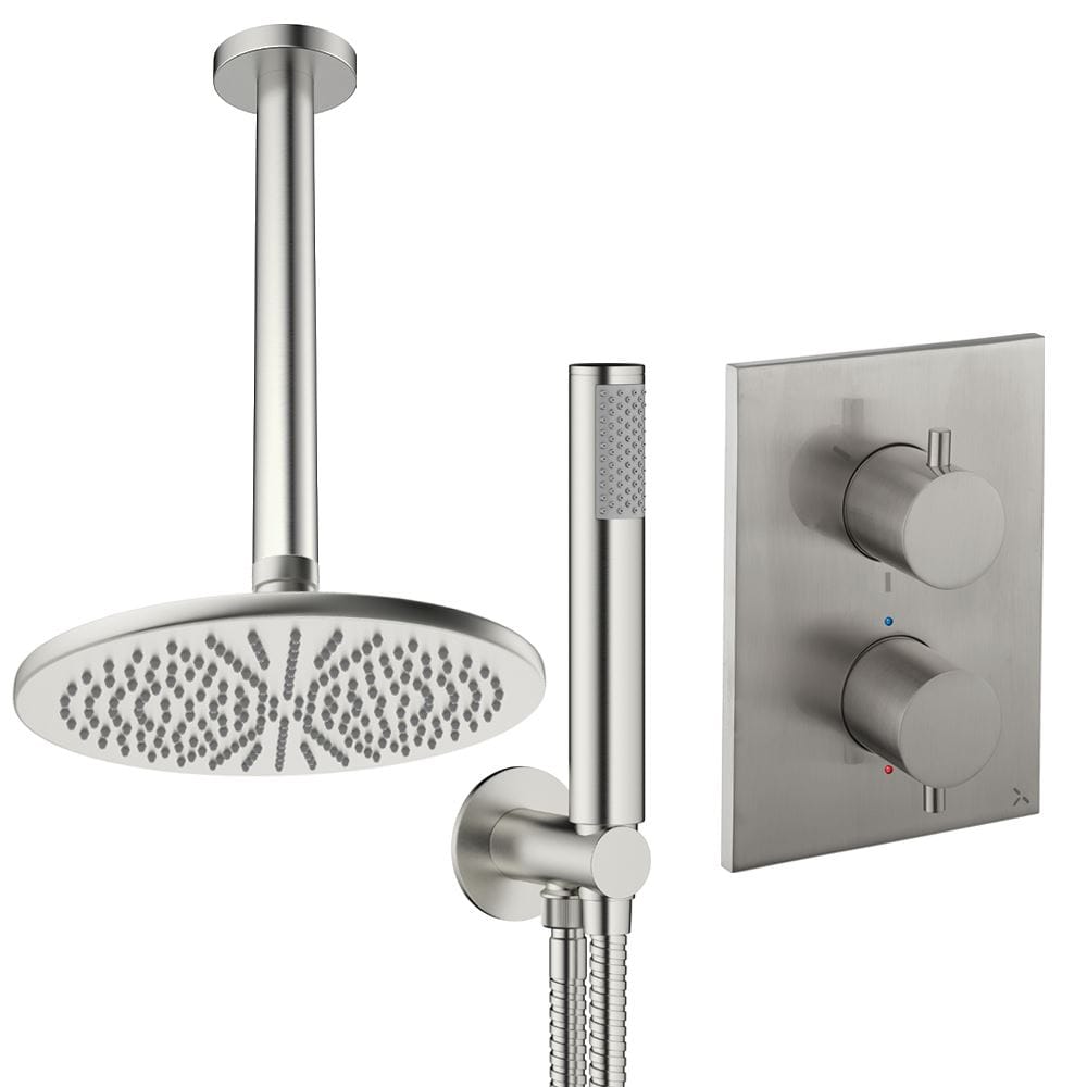 UK Bathroom Store Concealed Shower Set Brushed Nickel / Ceiling Arm / 300mm Crosswater Crossbox Shower Set 3 - 2 Outlet with Pencil Handset and Fixed Overhead Shower