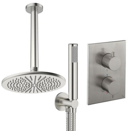 UK Bathroom Store Concealed Shower Set Brushed Nickel / Ceiling Arm / 300mm Crosswater Crossbox Shower Set 3 - 2 Outlet with Pencil Handset and Fixed Overhead Shower