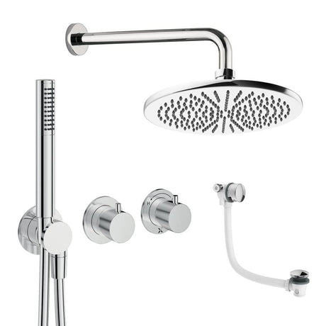 UK Bathroom Store Concealed Shower Set Chrome / Wall Arm / 300mm Crosswater Module Shower Set 9 - 3 Outlet with Pencil Handset, Overhead Shower and Overflow Filler