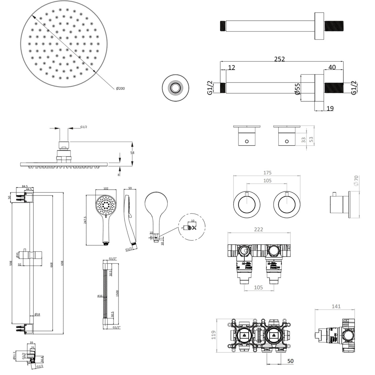 UK Bathroom Store Concealed Shower Set Crosswater Module Shower Set 2 with Riser Rail Kit and Overhead Shower