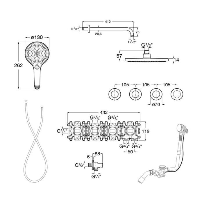 Roca Concealed Shower Set Roca T-Multi Switch Thermostatic Concealed Shower Valve with Rainshower Head, Shower Handset and  Overflow Bath Filler