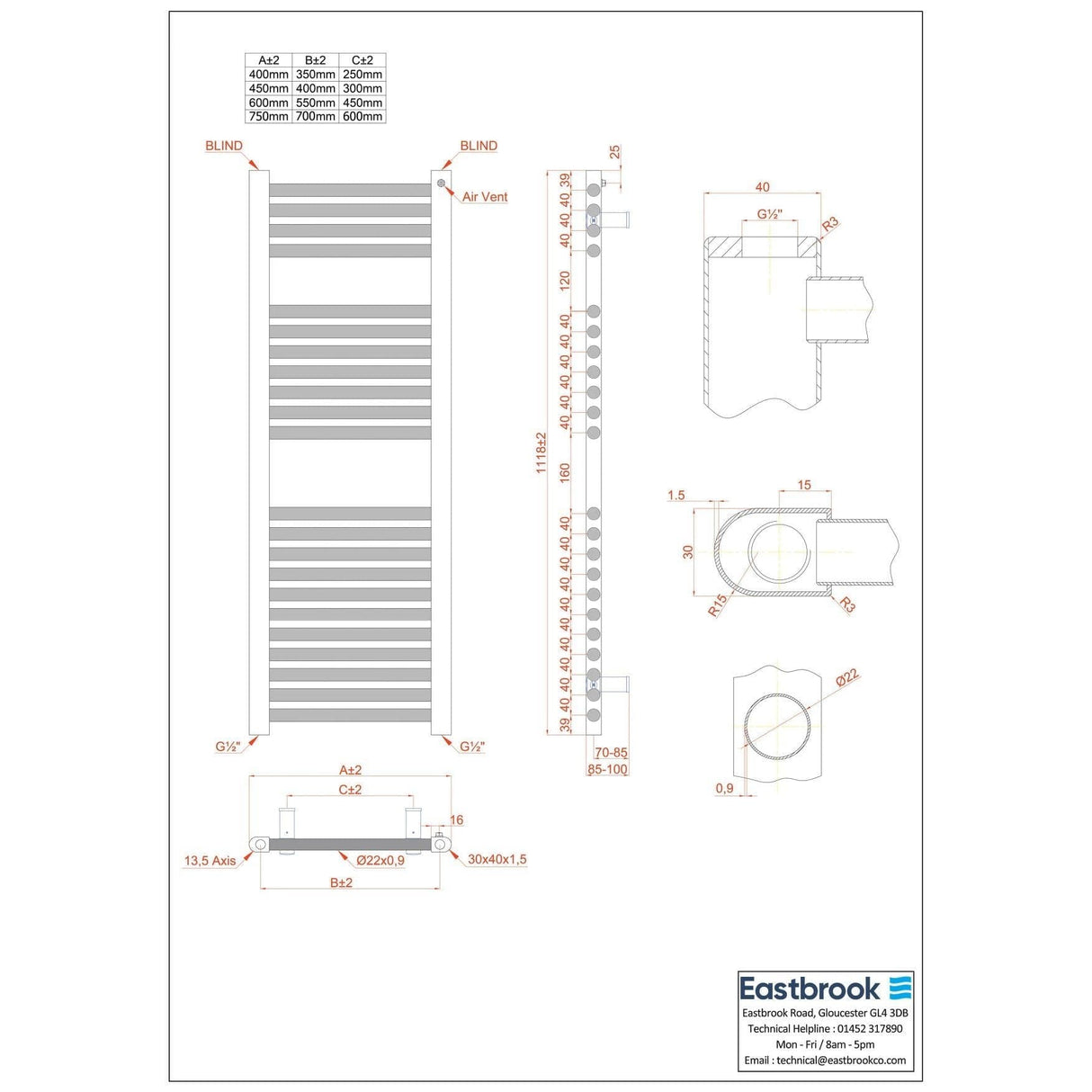 Eastbrook Ladder Rail Eastbrook Biava Vertical HV Straight Heated Towel Rail - 1118 x 450mm - Matt Anthracite