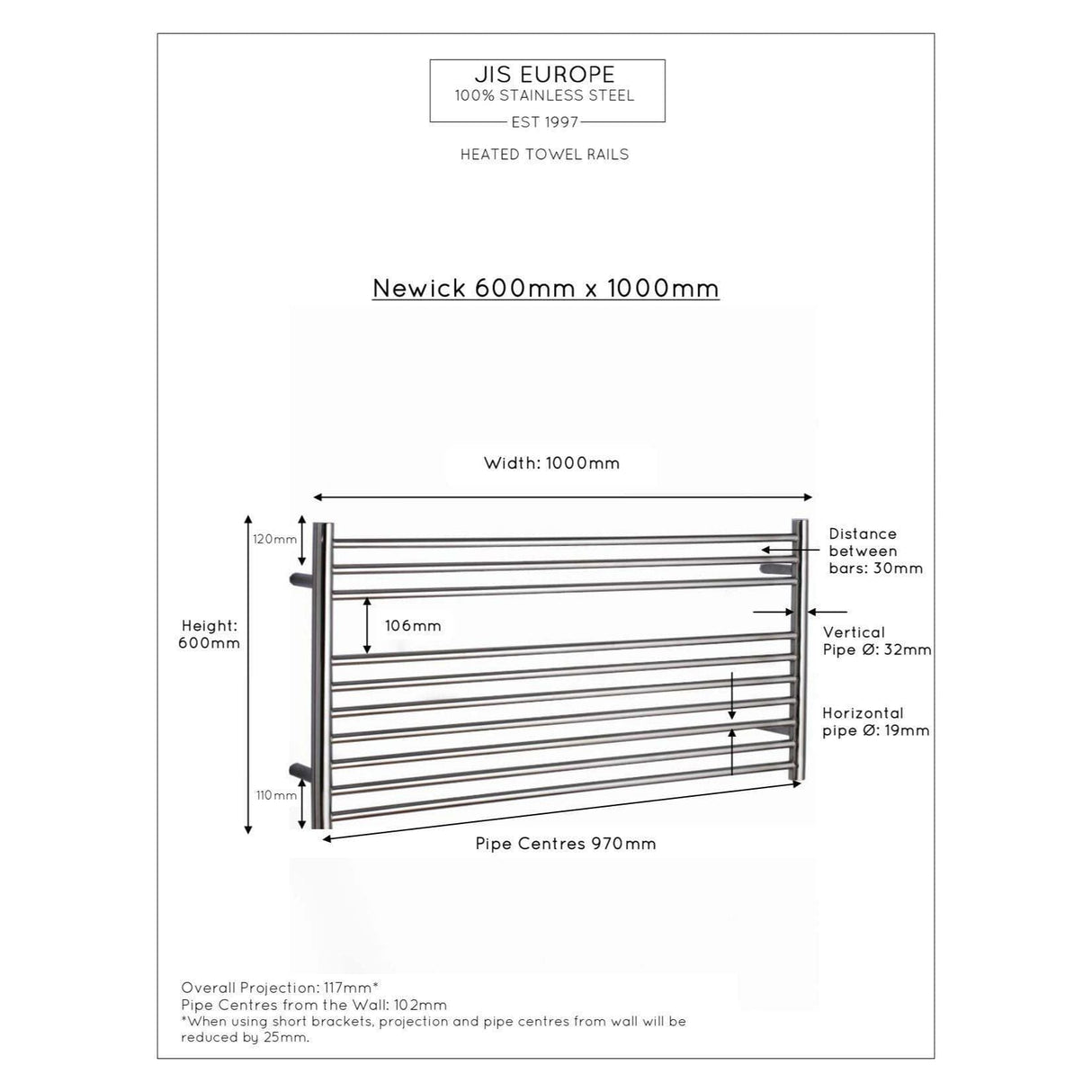 JIS Ladder Rail JIS Sussex Newick Horizontal Stainless Steel Heated Towel Rail
