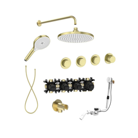 Roca Concealed Shower Set Brushed Brass Roca T-Multi Switch Thermostatic Concealed Shower Valve with Rainshower Head, Shower Handset and  Overflow Bath Filler