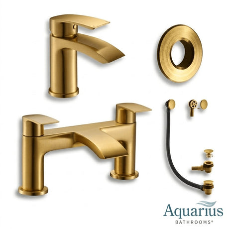 Aquarius Bathrooms Bath Mixer Brushed Brass Aquarius Arc Complete Brassware Pack with Mono Basin Tap, Bath Mixer and Wastes