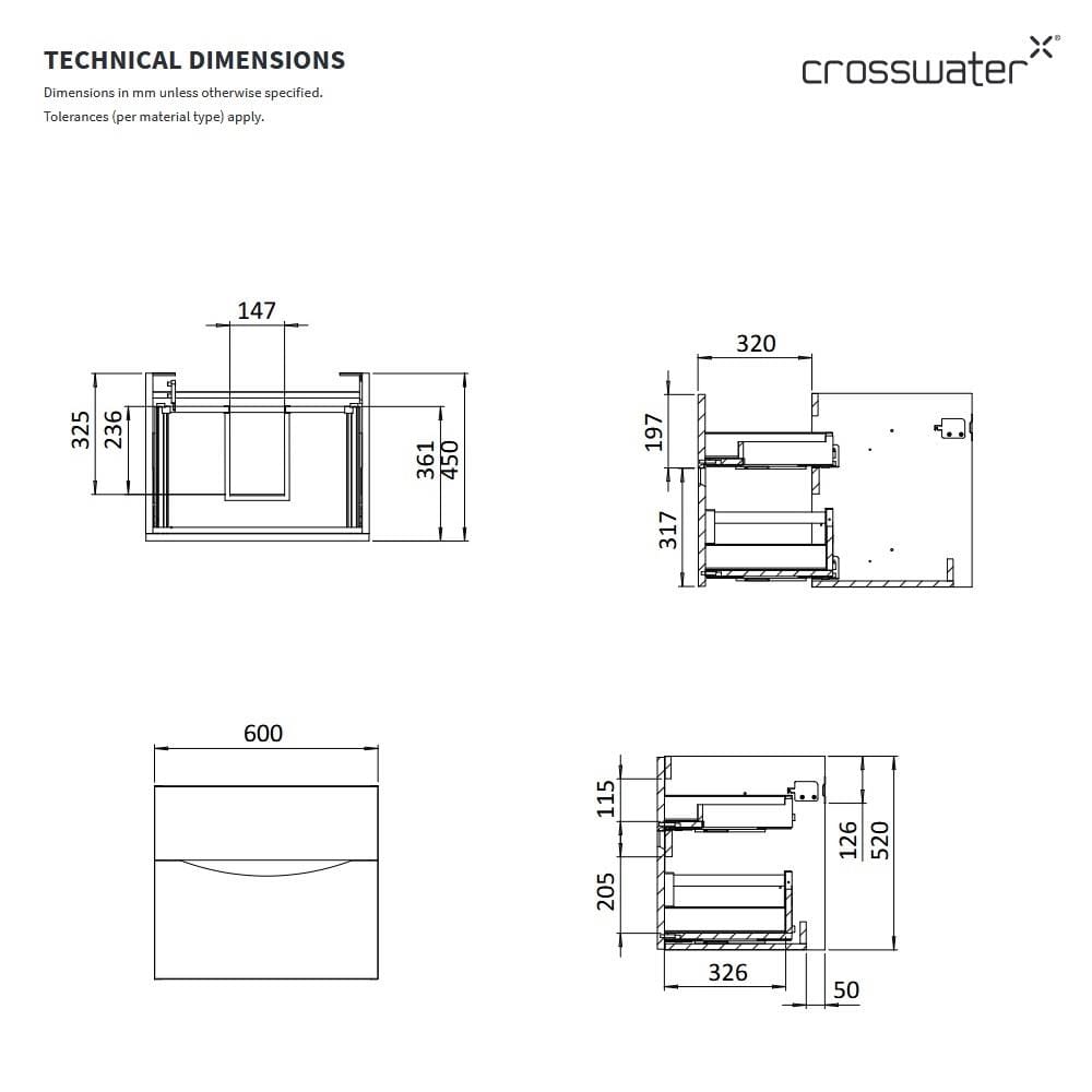 Crosswater Wall Mounted Vanity Unit Crosswater Glide II Wall Mounted Two Drawer Vanity Unit with Worktop