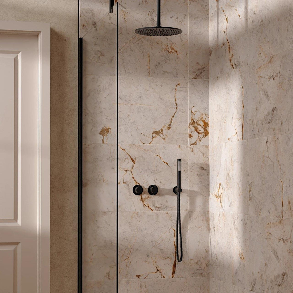 UK Bathroom Store Concealed Shower Set Matt Black / Ceiling Arm / 300mm Crosswater Module Shower Set 1 with Fixed Head and Pencil Handset