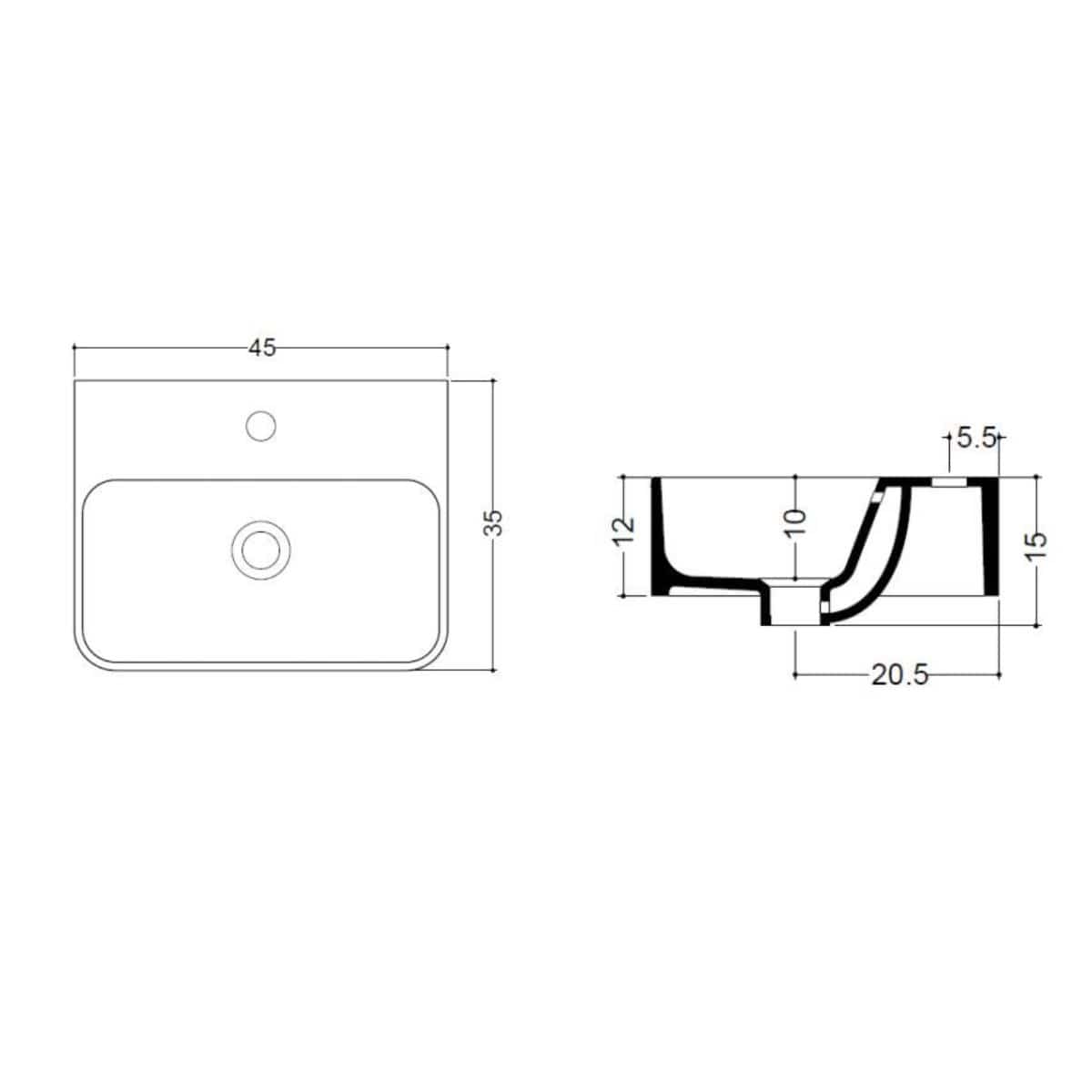 Crosswater Wall Hung Basin Crosswater Navona 450mm Countertop or Wall Mounted Basin with 1 Tap Hole