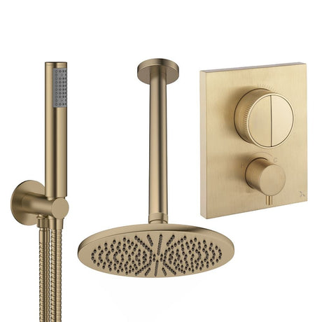 UK Bathroom Store Concealed Shower Set Brushed Brass / Ceiling Arm / 300mm Crosswater Crossbox Push Shower Set 1 - 2 Outlet with Fixed Overhead Shower and Pencil Handset