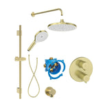 Roca Concealed Shower Set Brushed Brass Roca T-500 Round Thermostatic Concealed Shower Valve with Rainshower Head, Shower Handset and Slide Rail Set