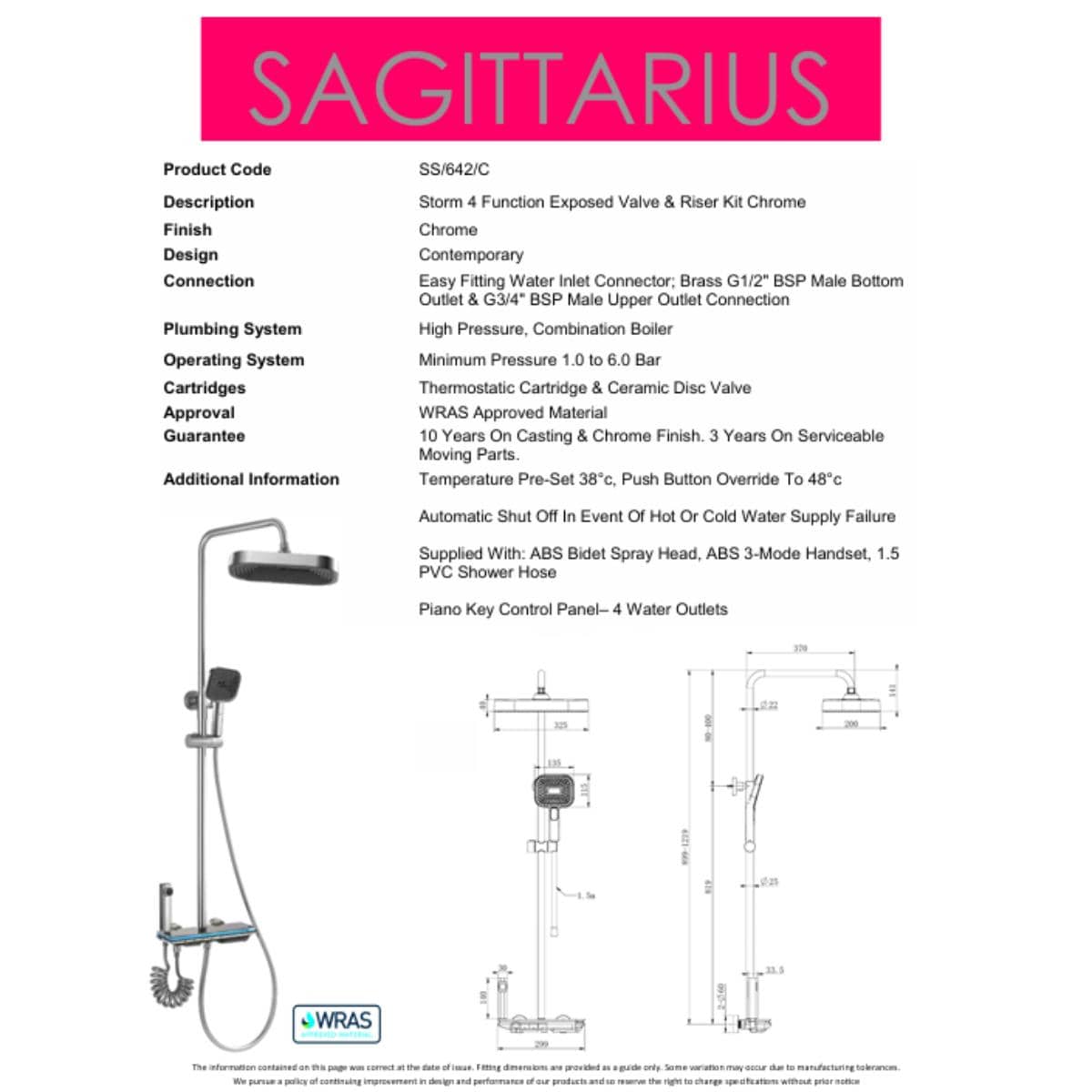 Sagittarius Exposed Shower Set Sagittarius Storm 4 Outlet Thermostatic Shower Set with Bath Filler and LED Temperature Display
