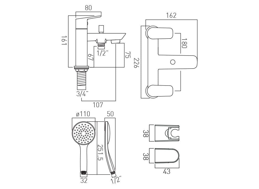 VADO Bath Shower Mixer Vado Photon Bath Shower Mixer Tap with Shower Kit in Chrome
